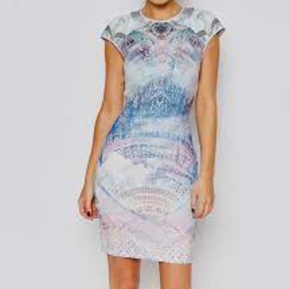 Ted Baker Dreamscape Print Blue Pink Lilac Dress Size 2 - Picture 1 of 7